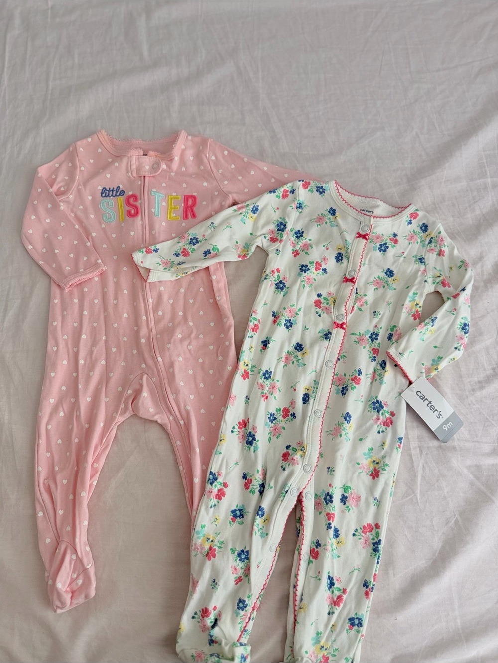 Carter's White Floral Zip Footed Romper & Pink Heart Sleepsuit